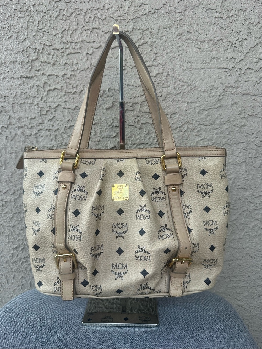 MCM Beige Visetos Logo Canvas Tote Bag (missing strap)